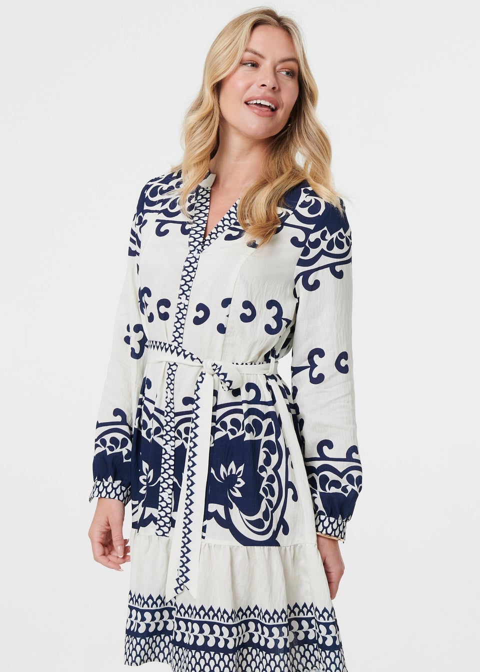 Izabel London Blue Border Print Tie Waist Short Shirt Dress