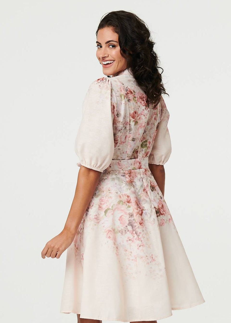 Izabel London Cream Floral 3/4 Puff Sleeve Knee Length Dress