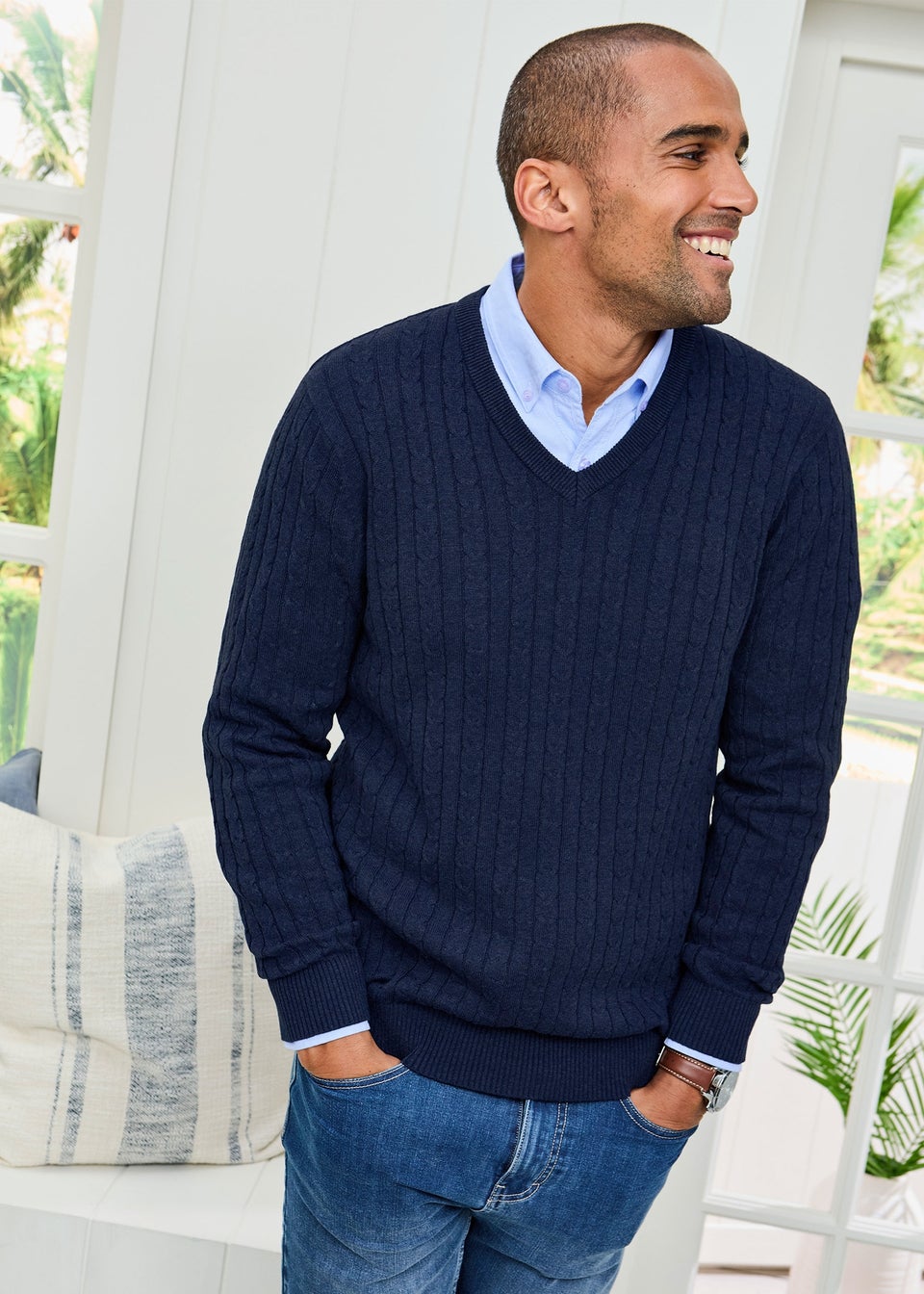 Cotton Traders Dark Blue Cotton V-Neck Cable Jumper