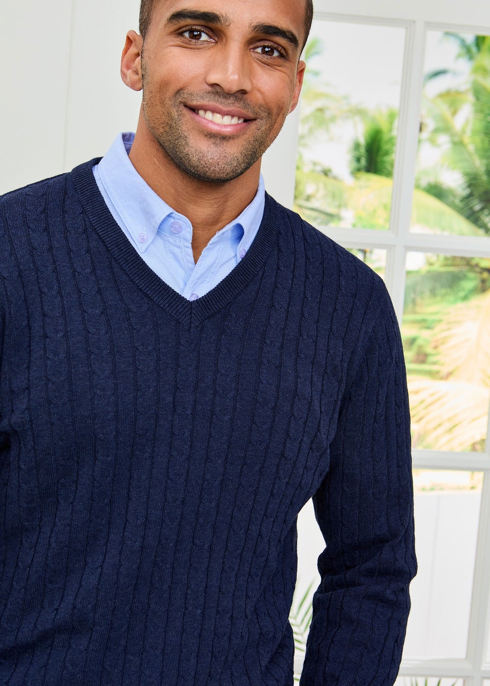 Cotton Traders Dark Blue Cotton V-Neck Cable Jumper