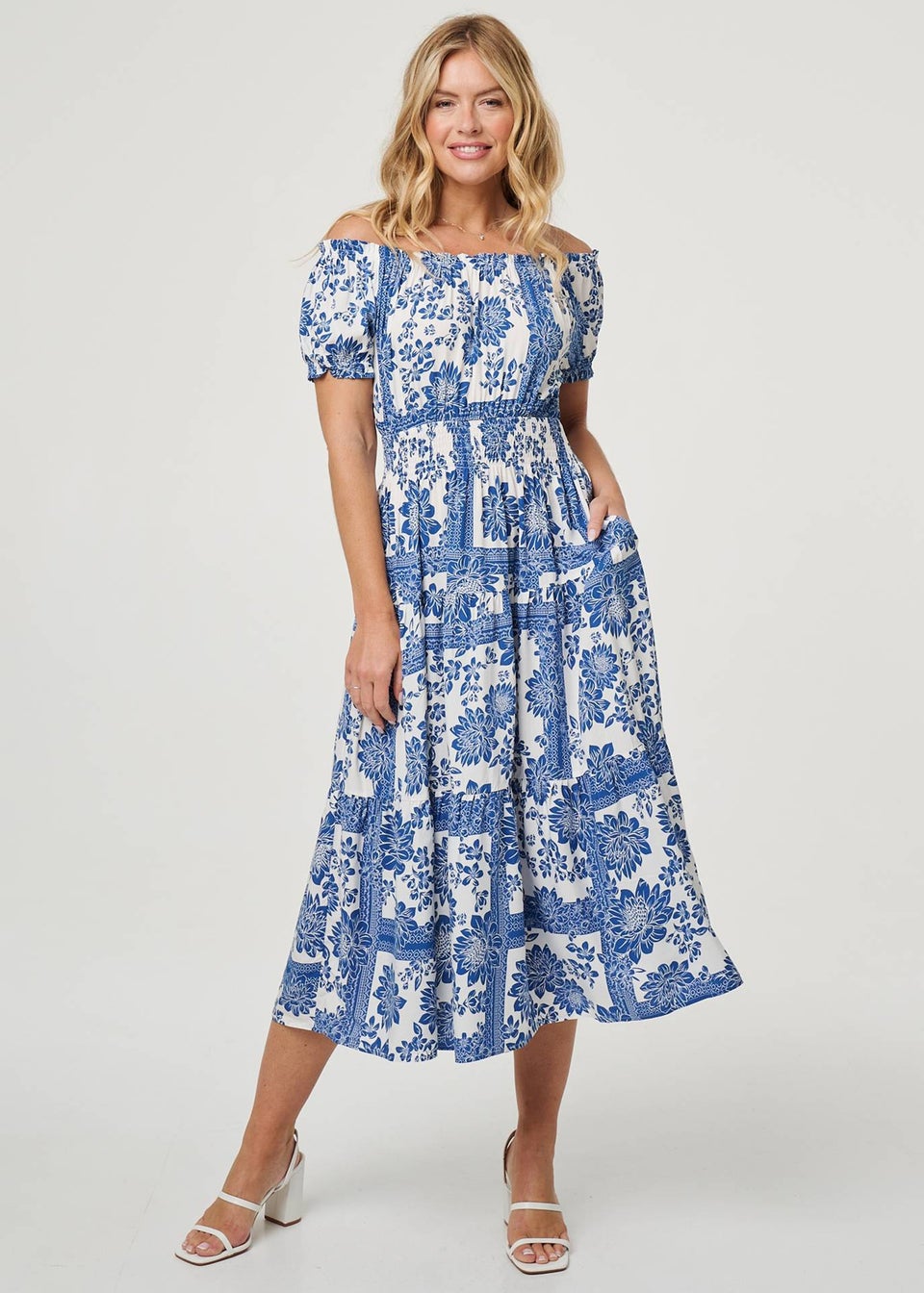 Izabel London Navy Floral Puff Sleeve Midi Bardot Dress