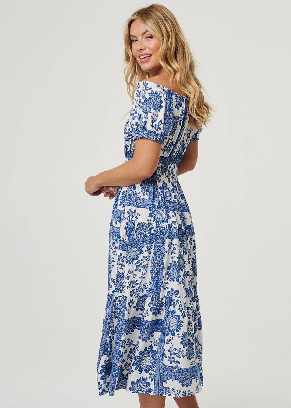 Izabel London Navy Floral Puff Sleeve Midi Bardot Dress