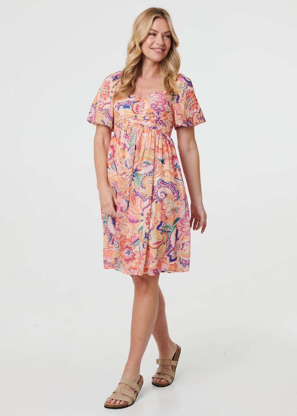 Izabel London Orange Abstract Ruched Empire Knee Length Dress