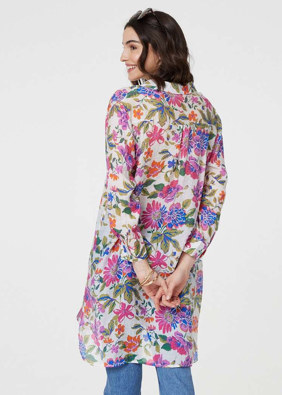 Izabel London Pink Floral Long Sleeve Longline Blouse