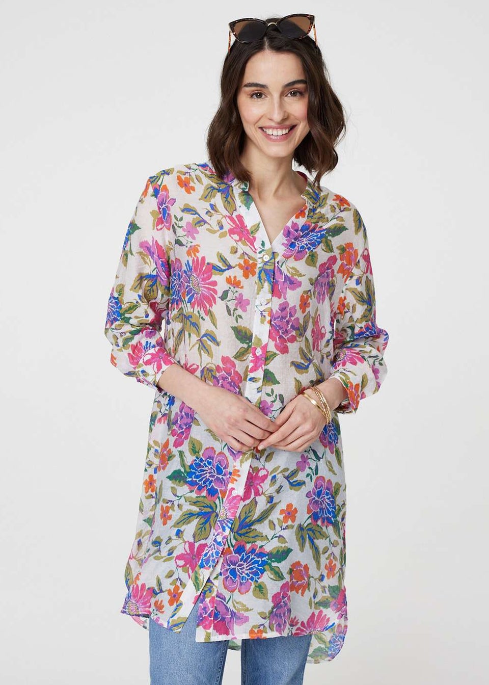 Izabel London Pink Floral Long Sleeve Longline Blouse