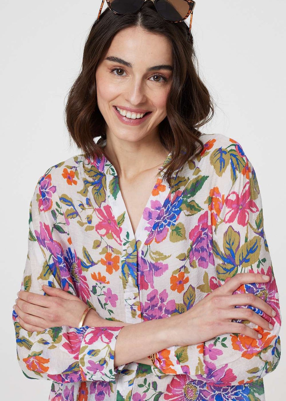 Izabel London Pink Floral Long Sleeve Longline Blouse