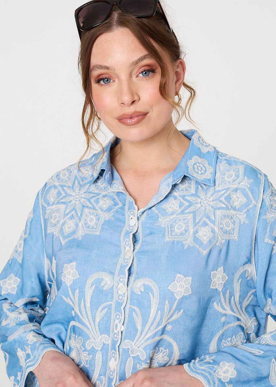 Izabel London Blue Embroidered Texture Scalloped Hem Shirt