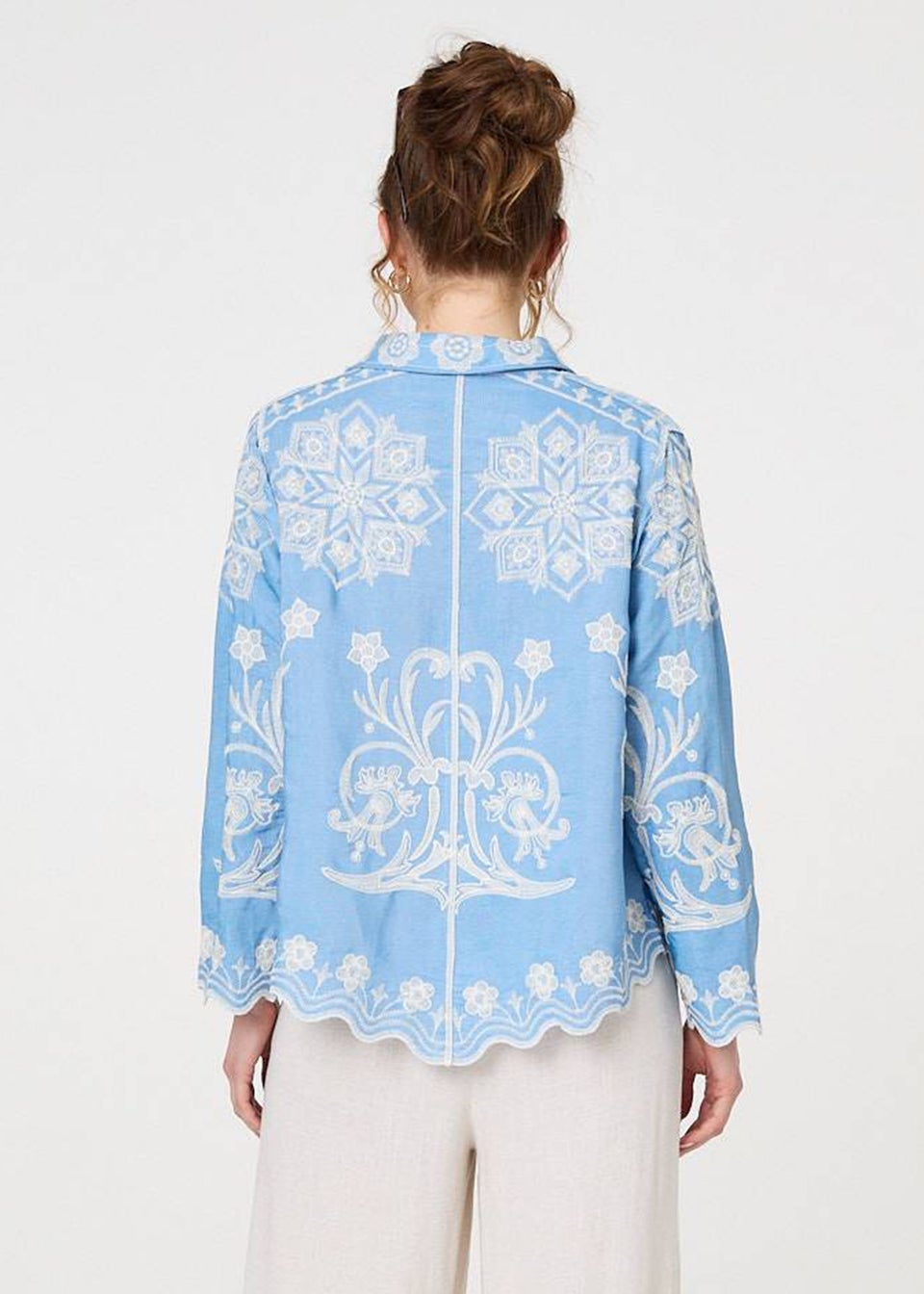 Izabel London Blue Embroidered Texture Scalloped Hem Shirt