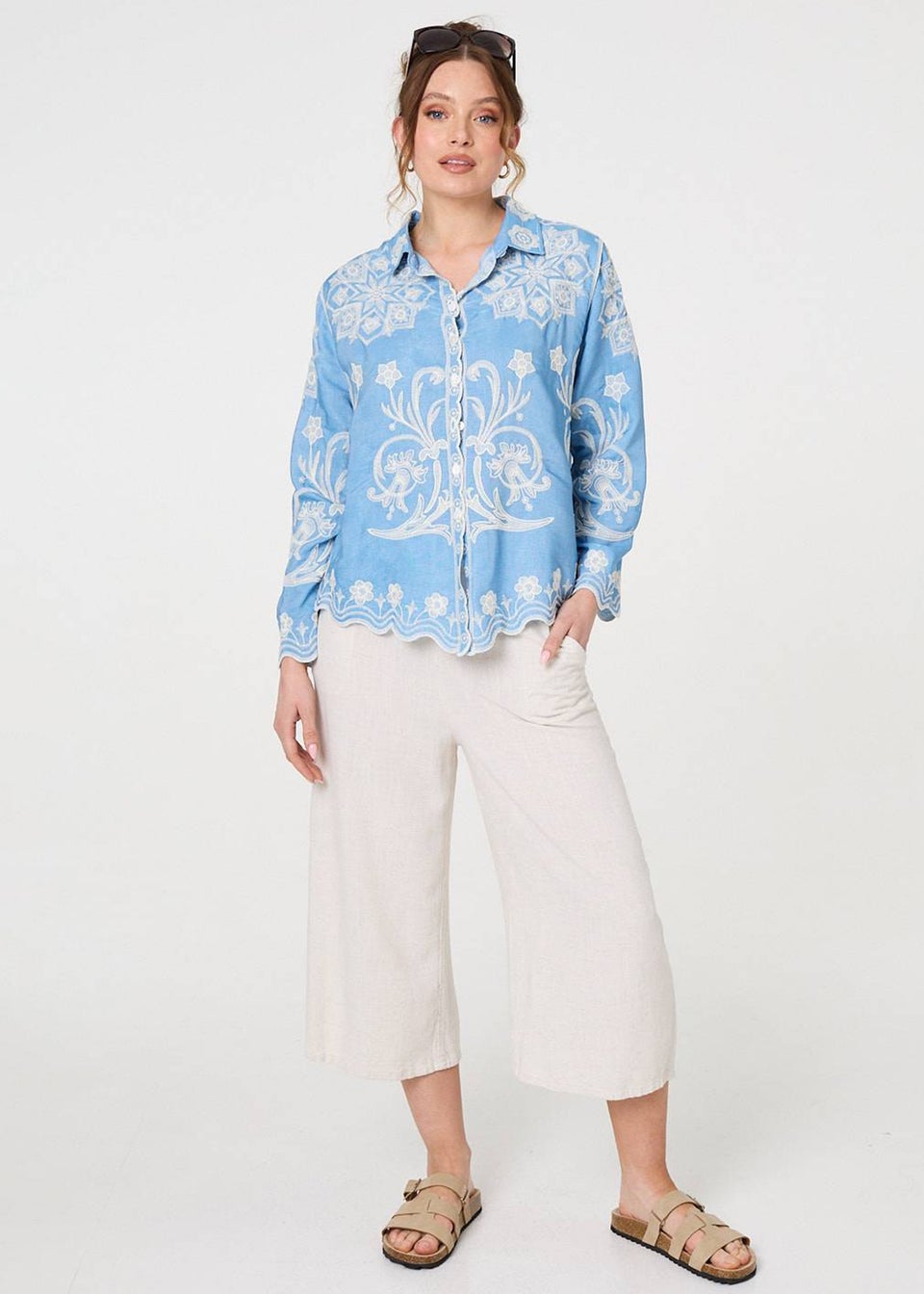Izabel London Blue Embroidered Texture Scalloped Hem Shirt
