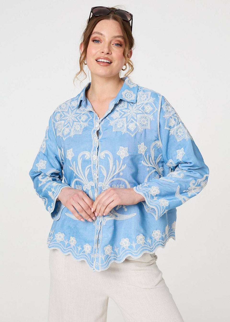 Izabel London Blue Embroidered Texture Scalloped Hem Shirt