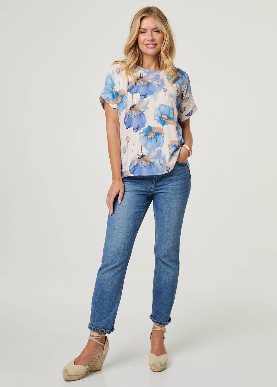 Izabel London Blue Floral Cap Sleeve Relaxed Blouse