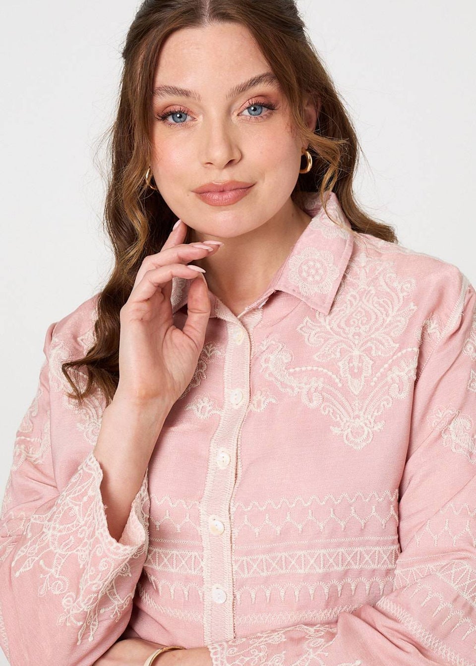 Izabel London Pink Embroidered Texture Long Sleeve Shirt