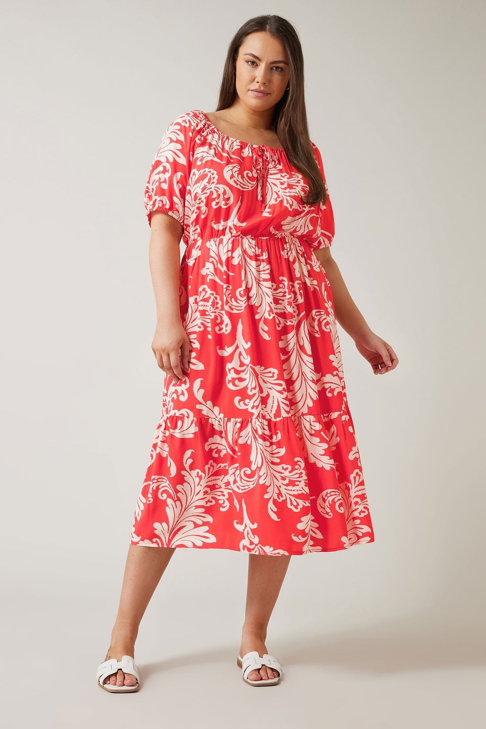 Evans Curve Red Abstract Print Tiered Midi Dress