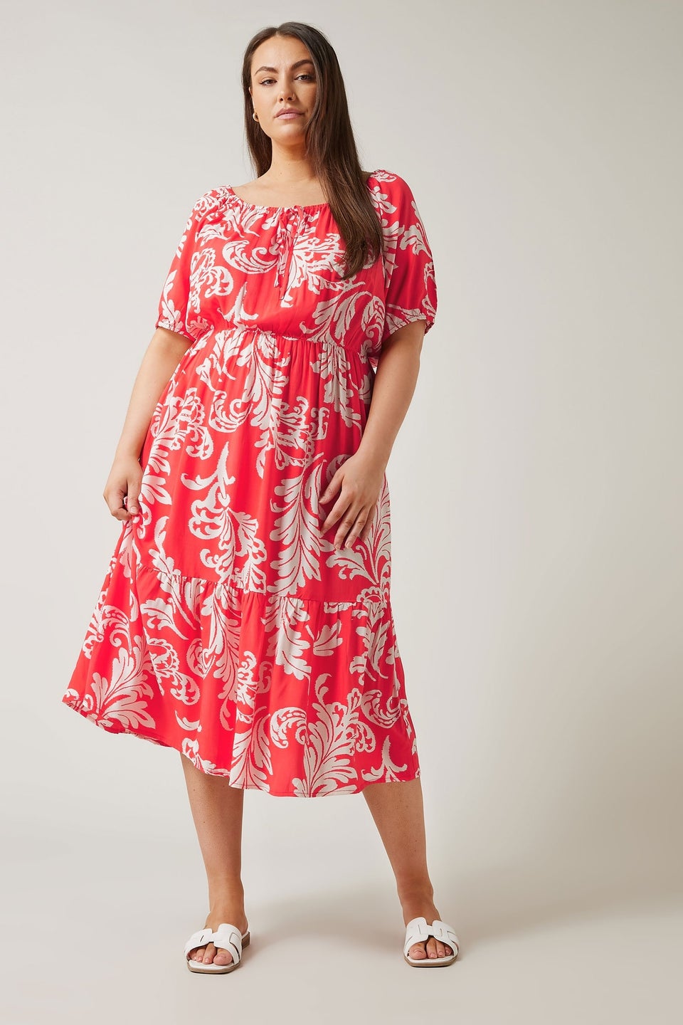 Evans Curve Red Abstract Print Tiered Midi Dress