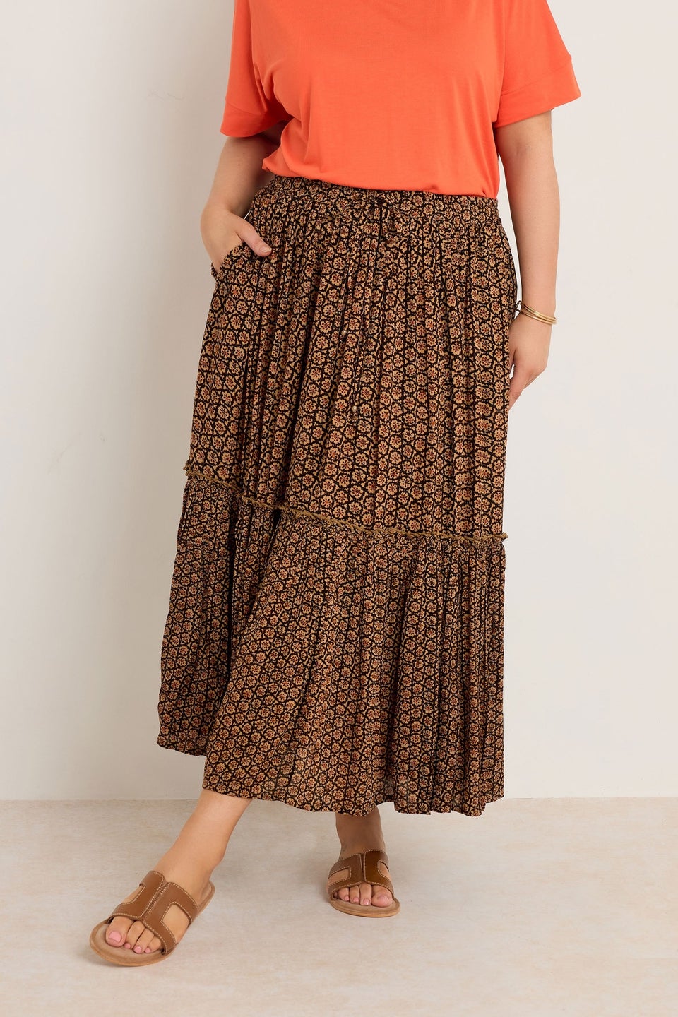 Evans Curve Orange Floral Print Tiered Crinkle Midi Skirt