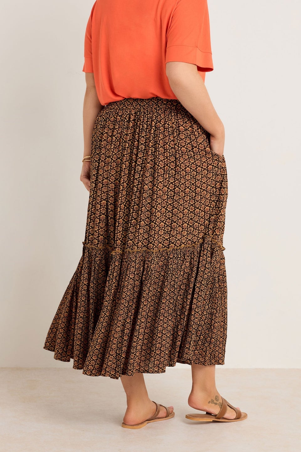 Evans Curve Orange Floral Print Tiered Crinkle Midi Skirt