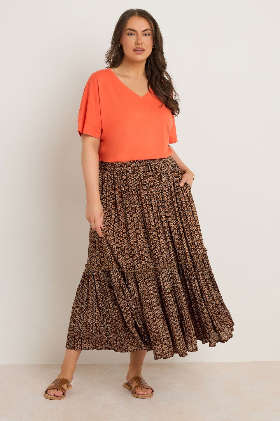 Evans Curve Orange Floral Print Tiered Crinkle Midi Skirt