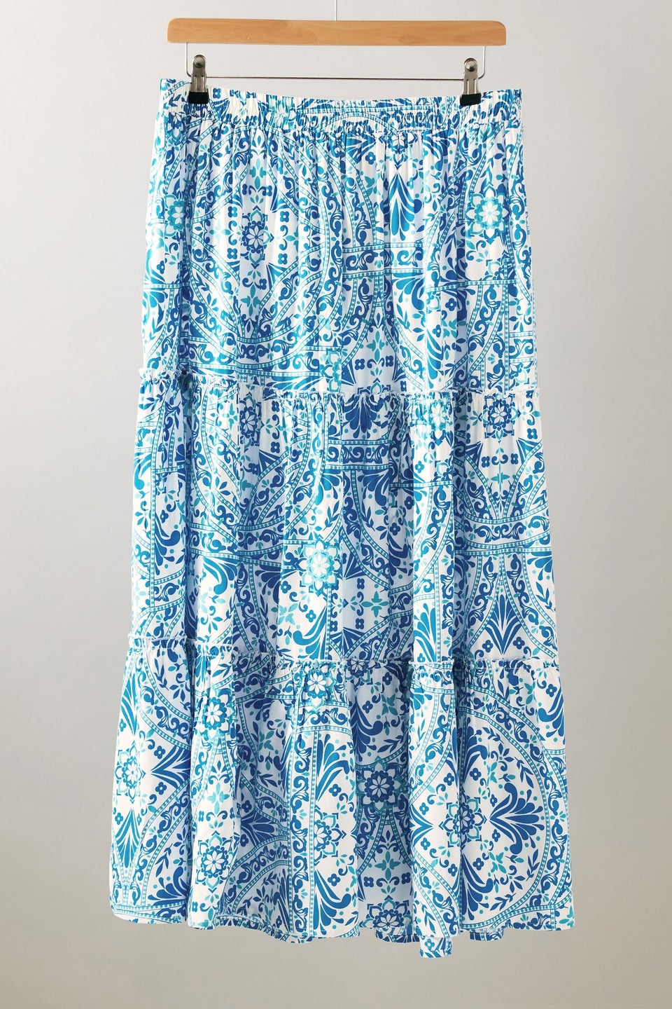 Evans Curve Blue Tile Print Tiered Maxi Skirt