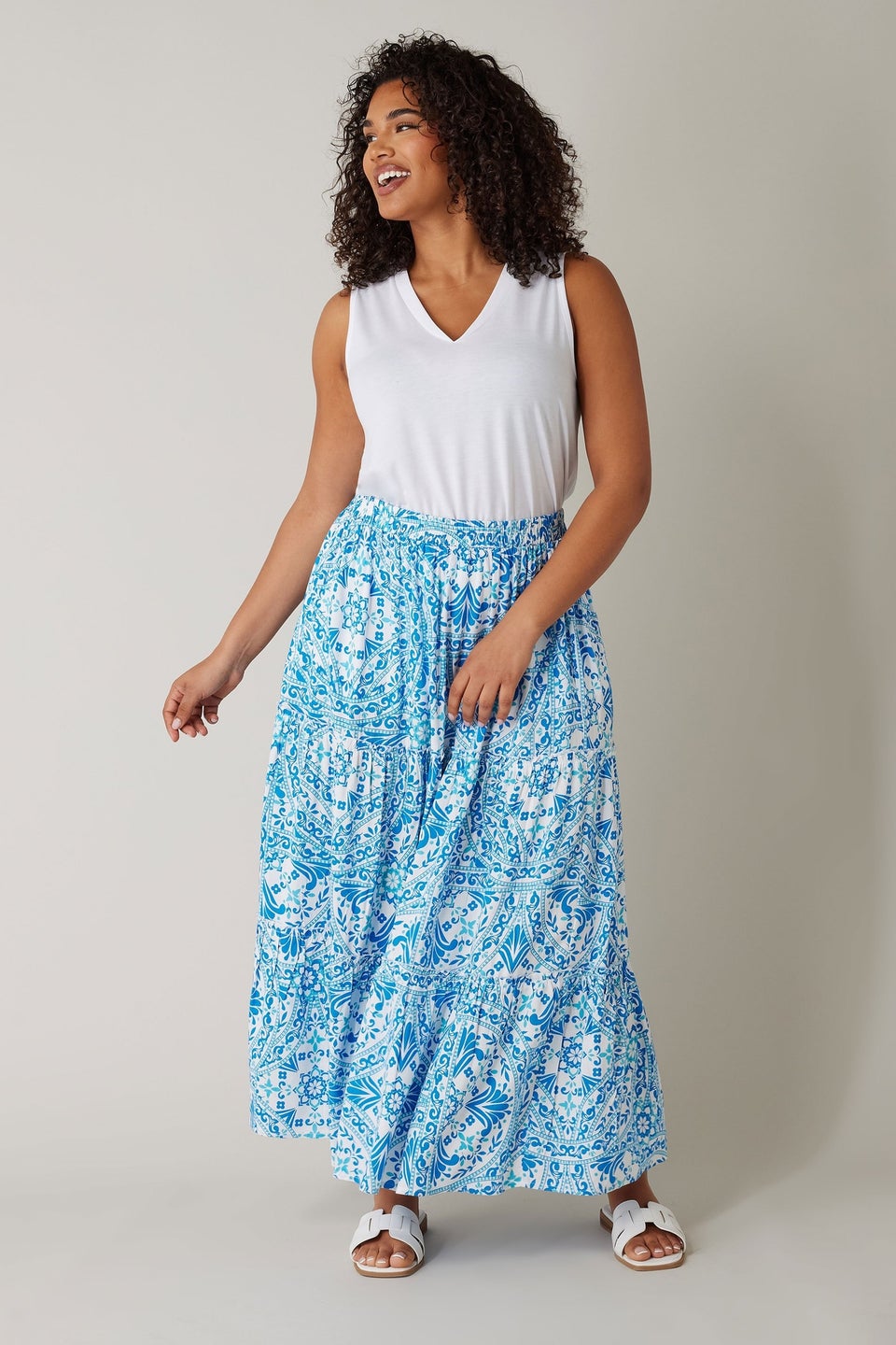 Evans Curve Blue Tile Print Tiered Maxi Skirt