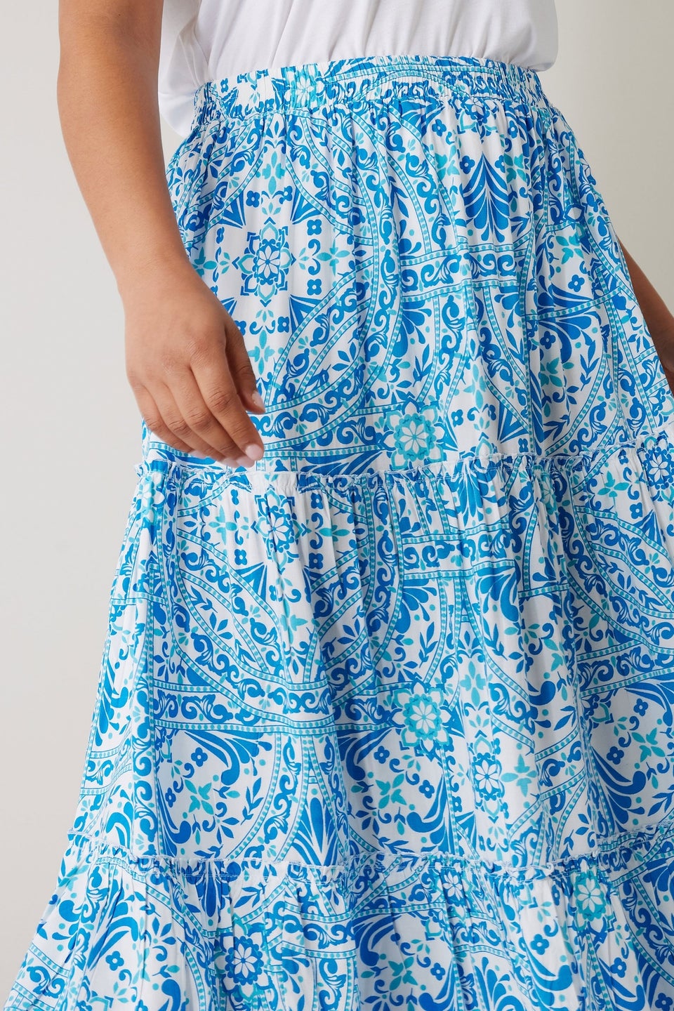 Evans Curve Blue Tile Print Tiered Maxi Skirt