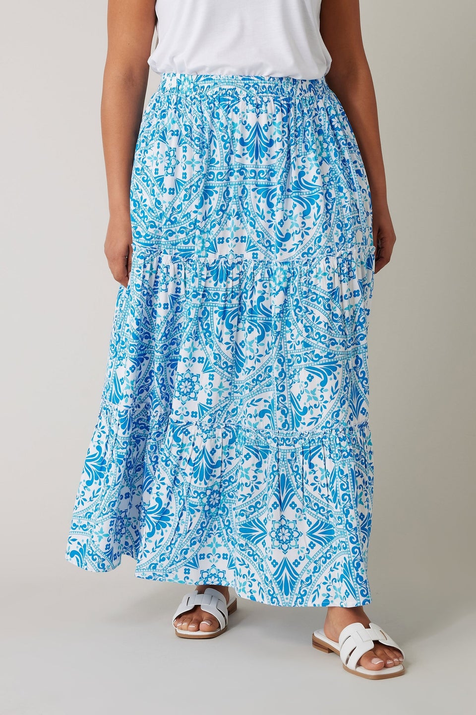 Evans Curve Blue Tile Print Tiered Maxi Skirt