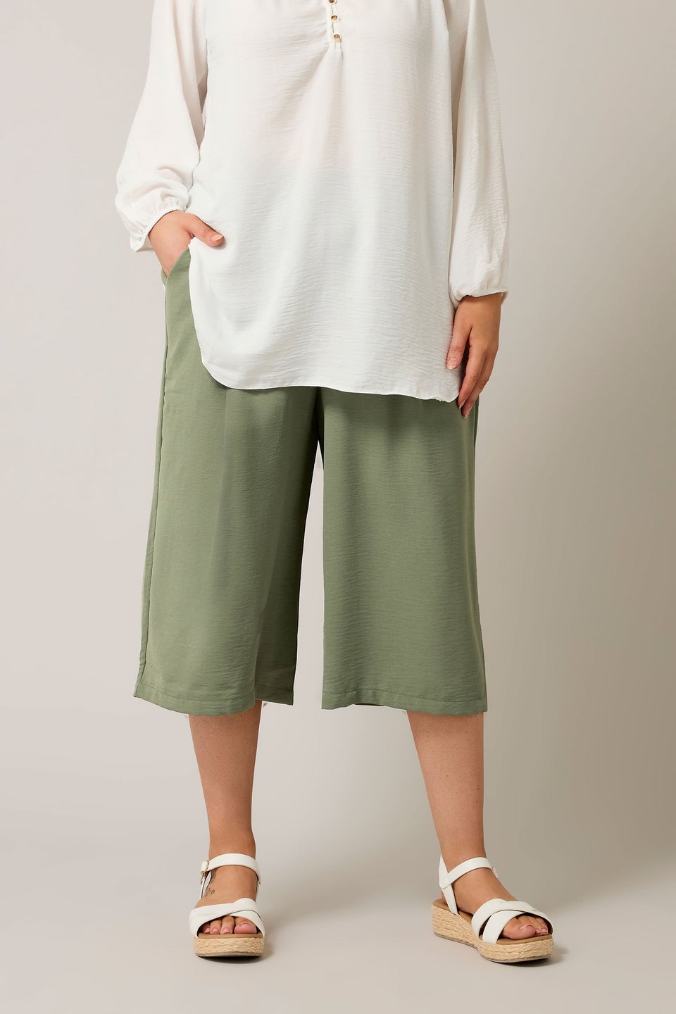 Evans Curve Khaki Green Cropped Pocket Culottes
