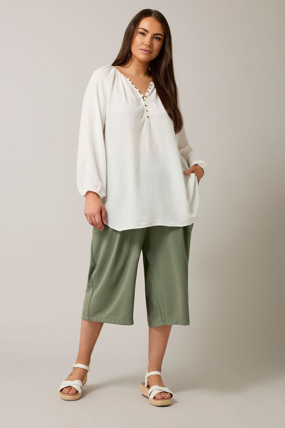 Evans Curve Khaki Green Cropped Pocket Culottes