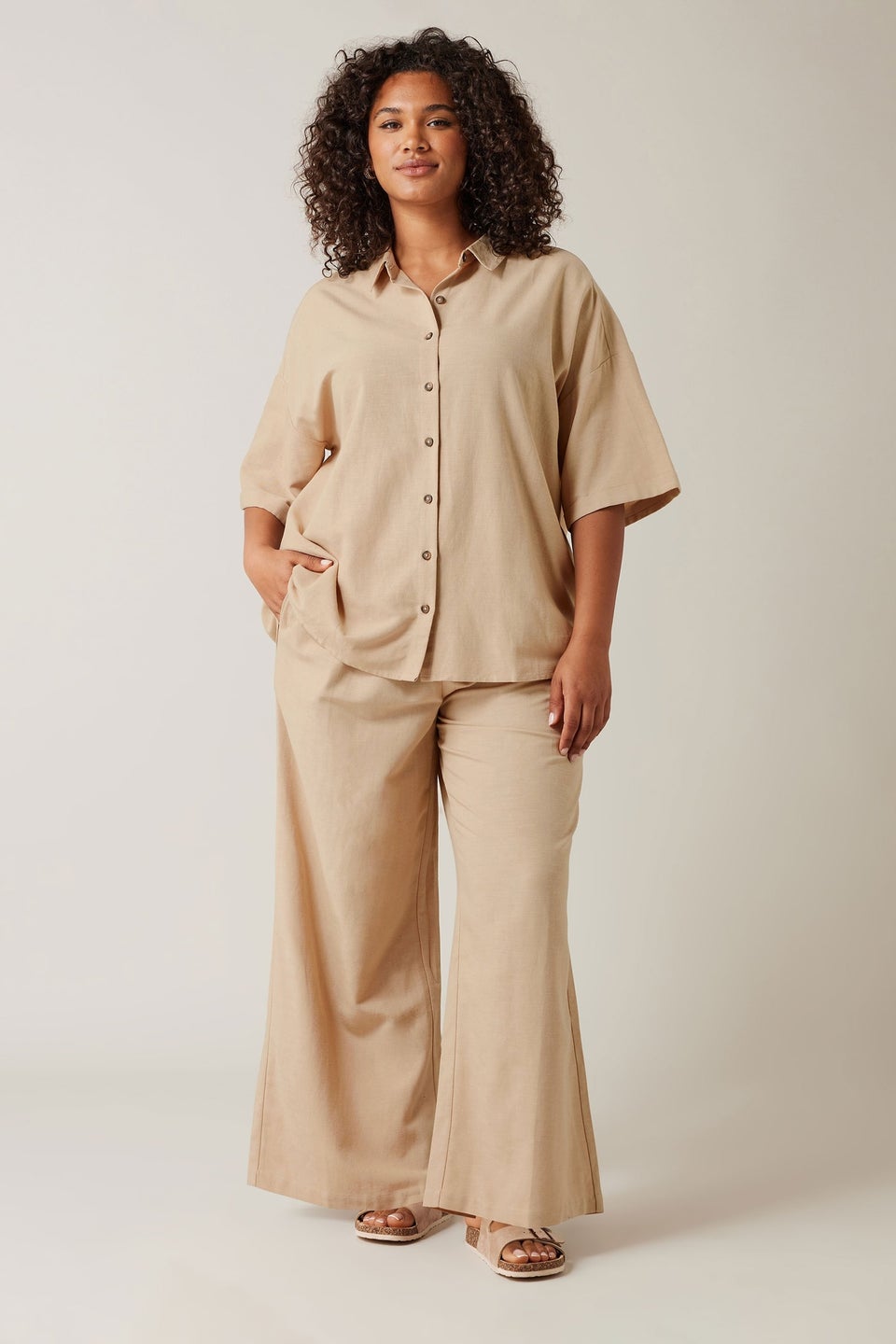 Evans Curve Natural Brown Linen Pocket Trousers