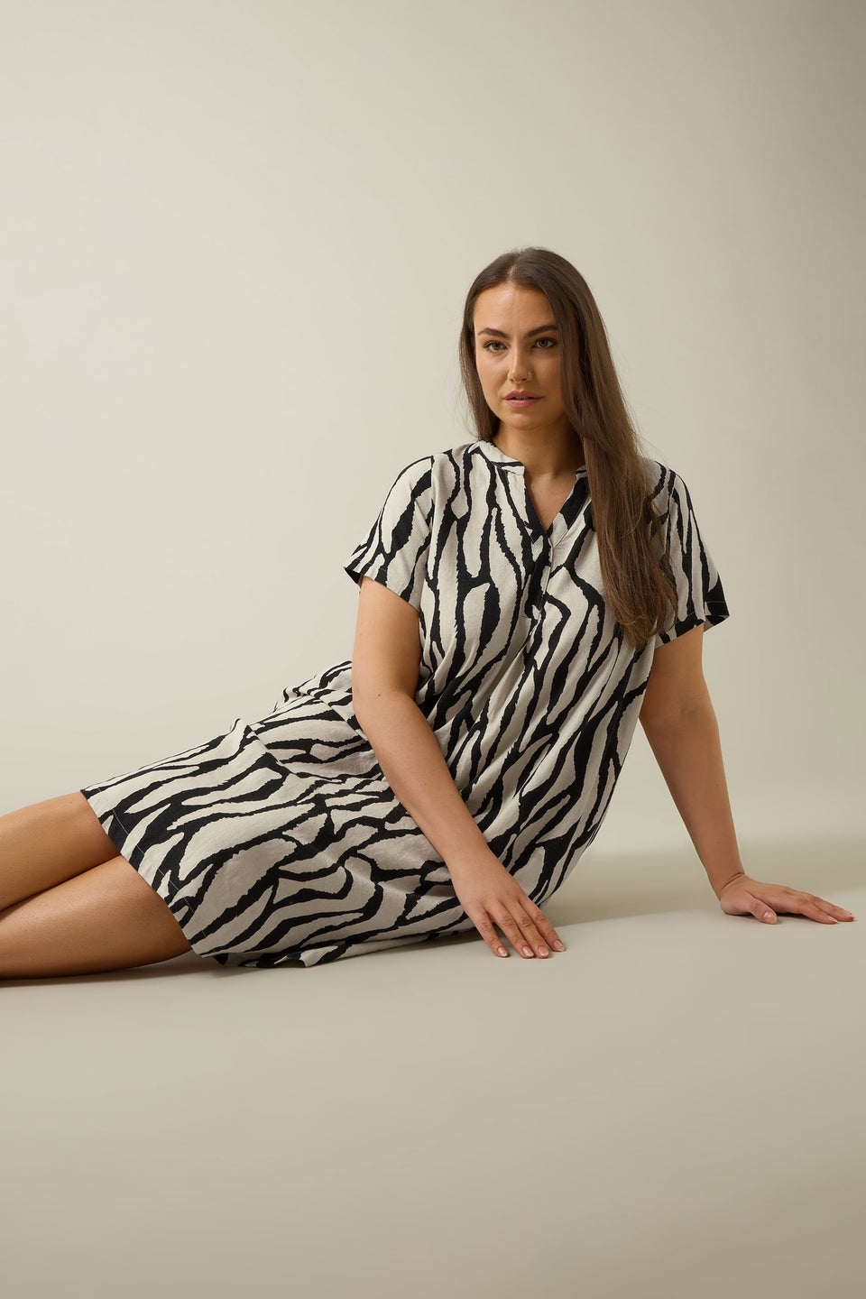 Evans Curve Natural Brown Abstract Print Premium Linen Dress