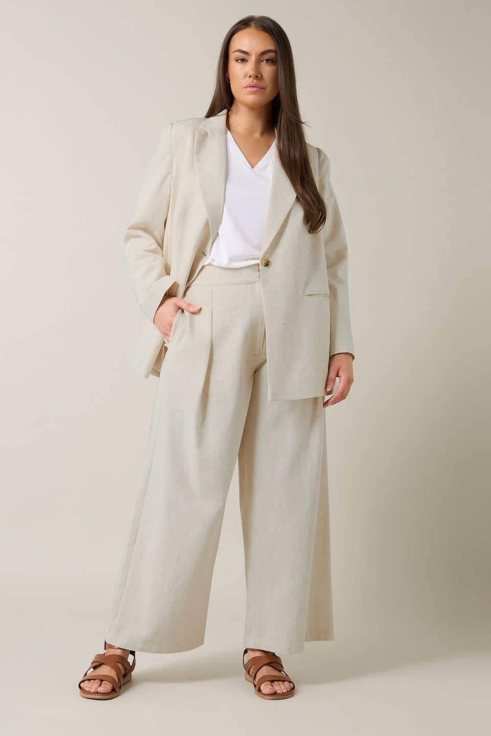 Evans Curve Natural Brown Tailored Linen Trousers