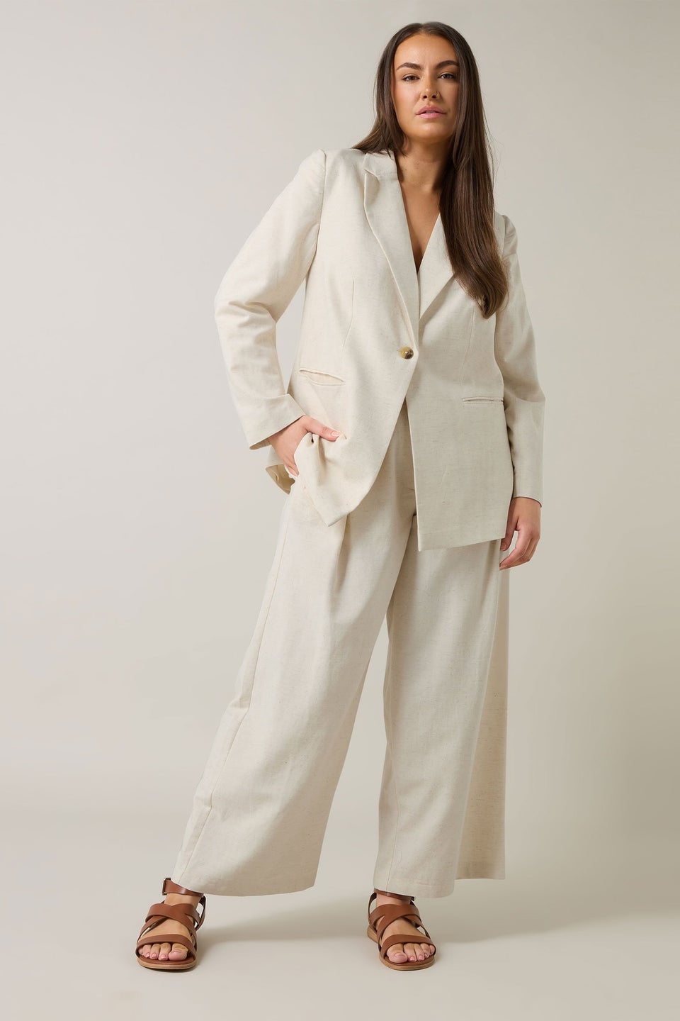 Evans Curve Natural Brown Tailored Linen Trousers