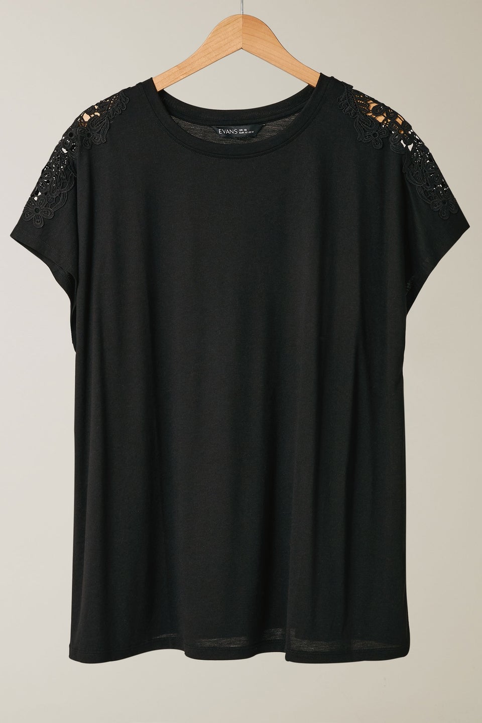 Evans Curve Black Crochet Shoulder Modal Rich T-Shirt