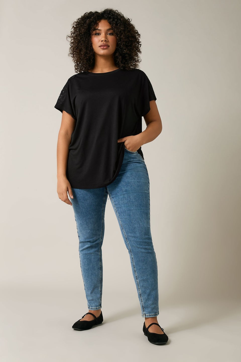 Evans Curve Black Crochet Shoulder Modal Rich T-Shirt