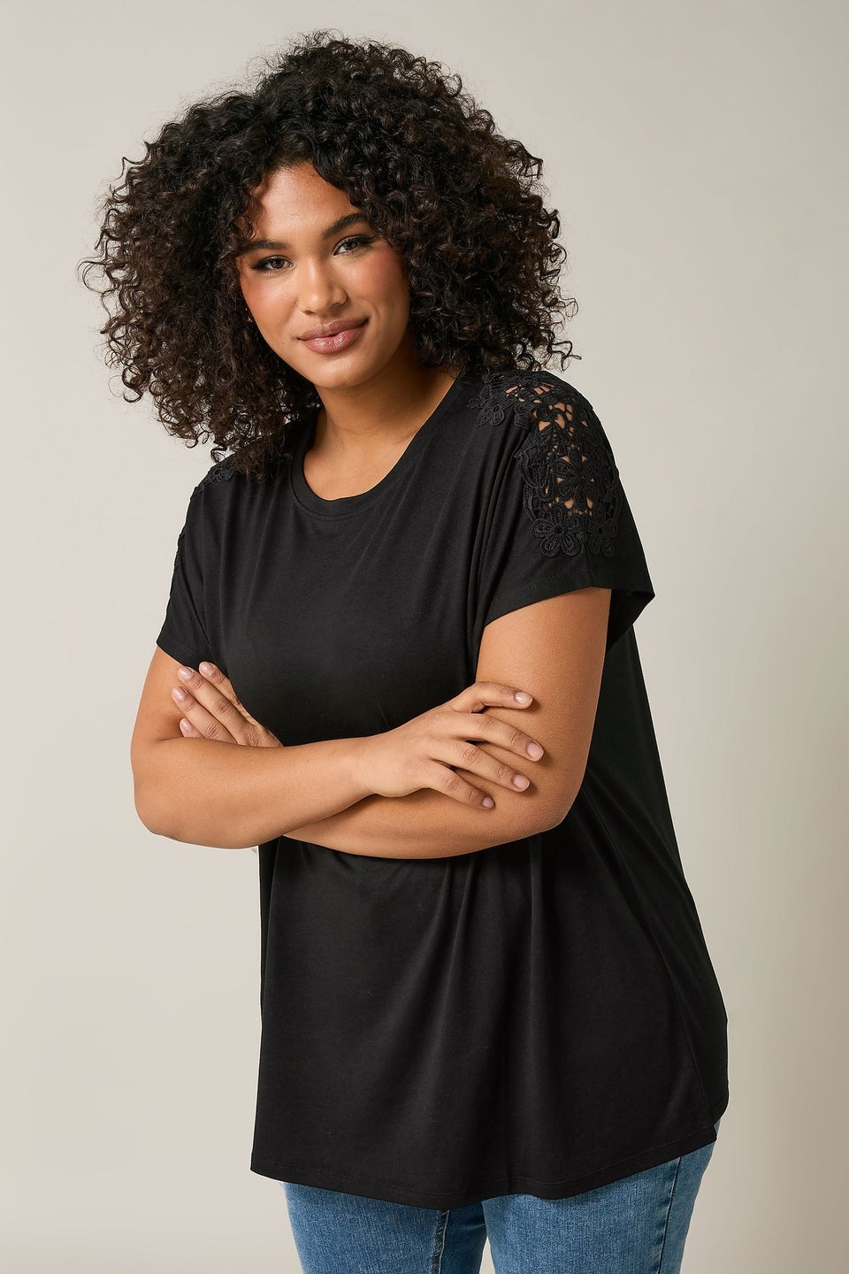 Evans Curve Black Crochet Shoulder Modal Rich T-Shirt