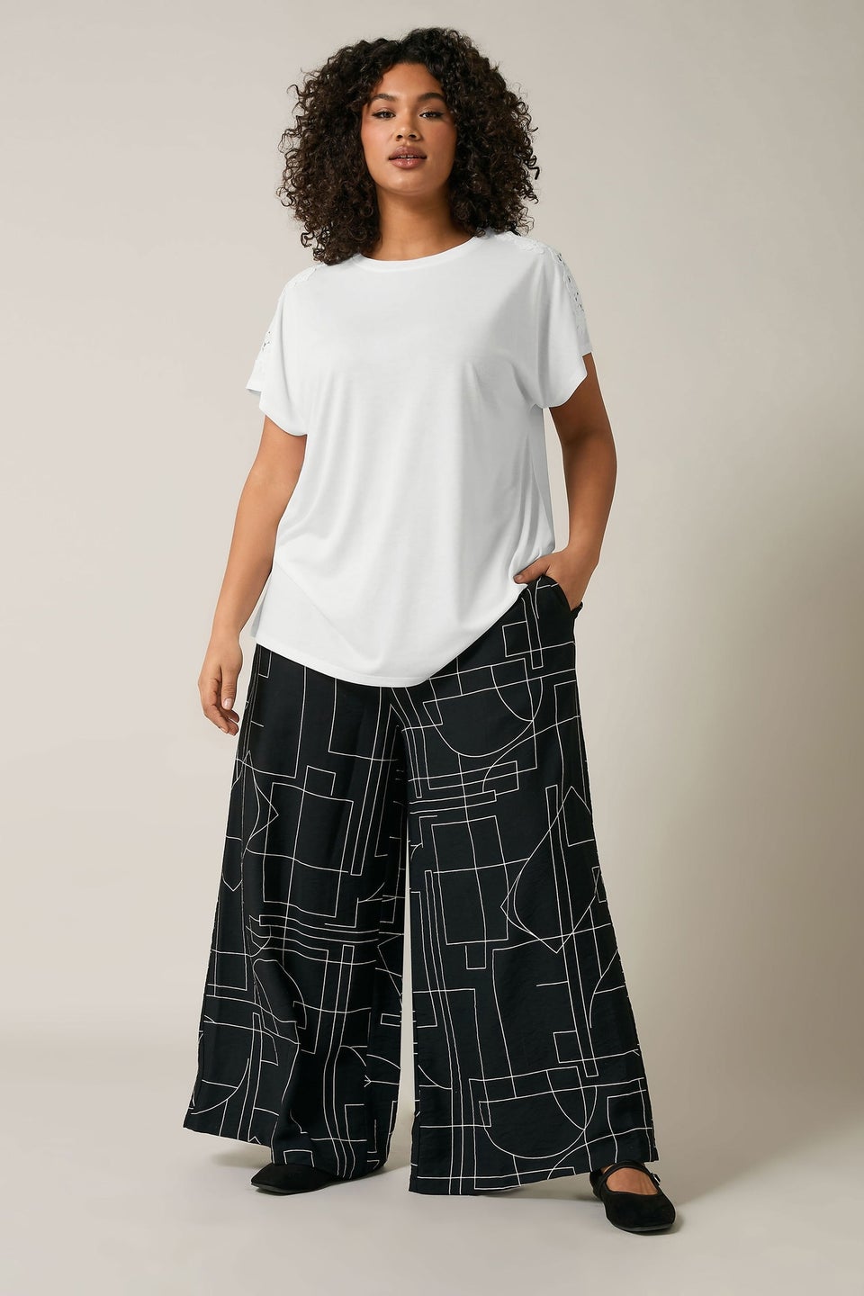Evans Curve White Crochet Shoulder Modal Rich T-Shirt