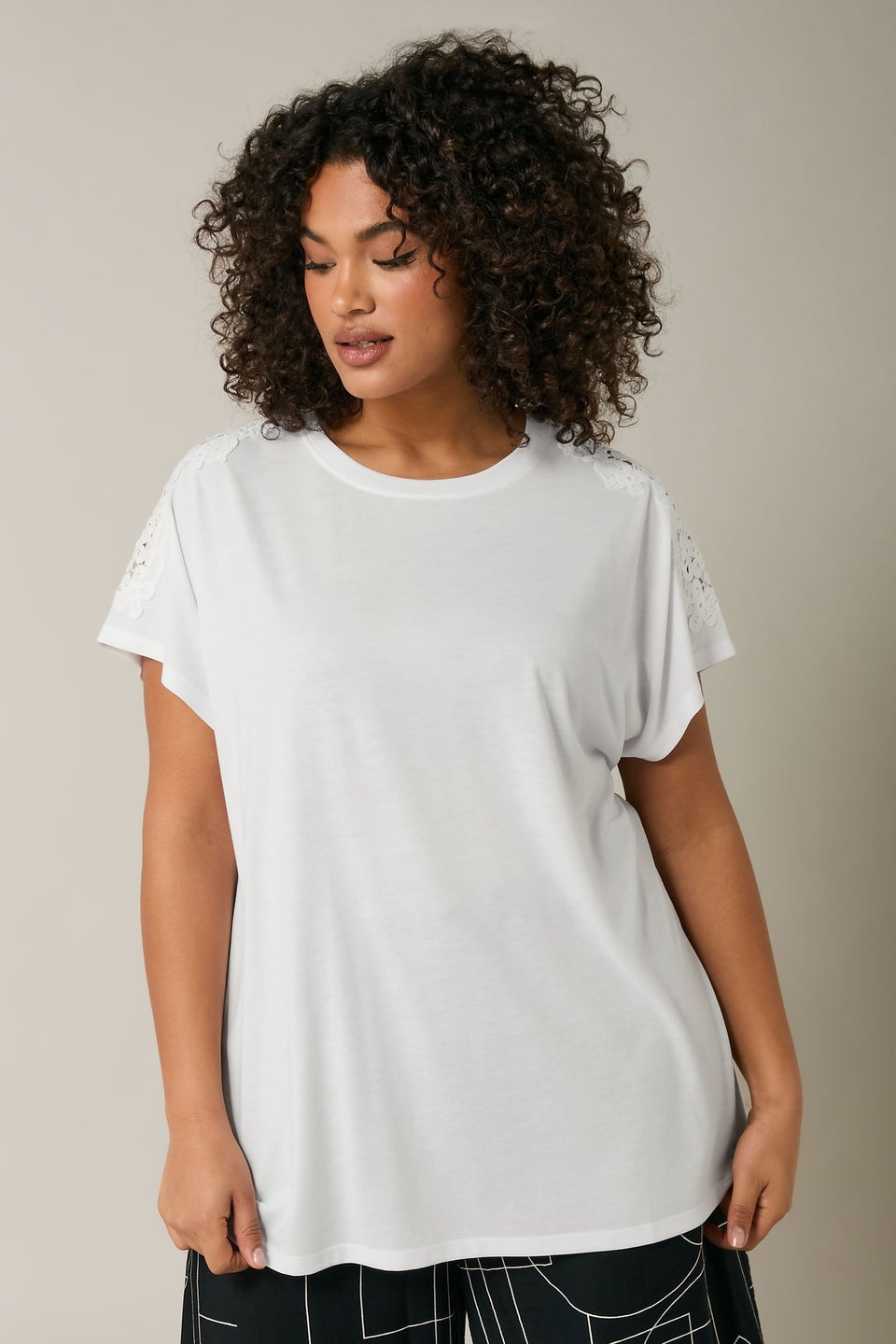 Evans Curve White Crochet Shoulder Modal Rich T-Shirt
