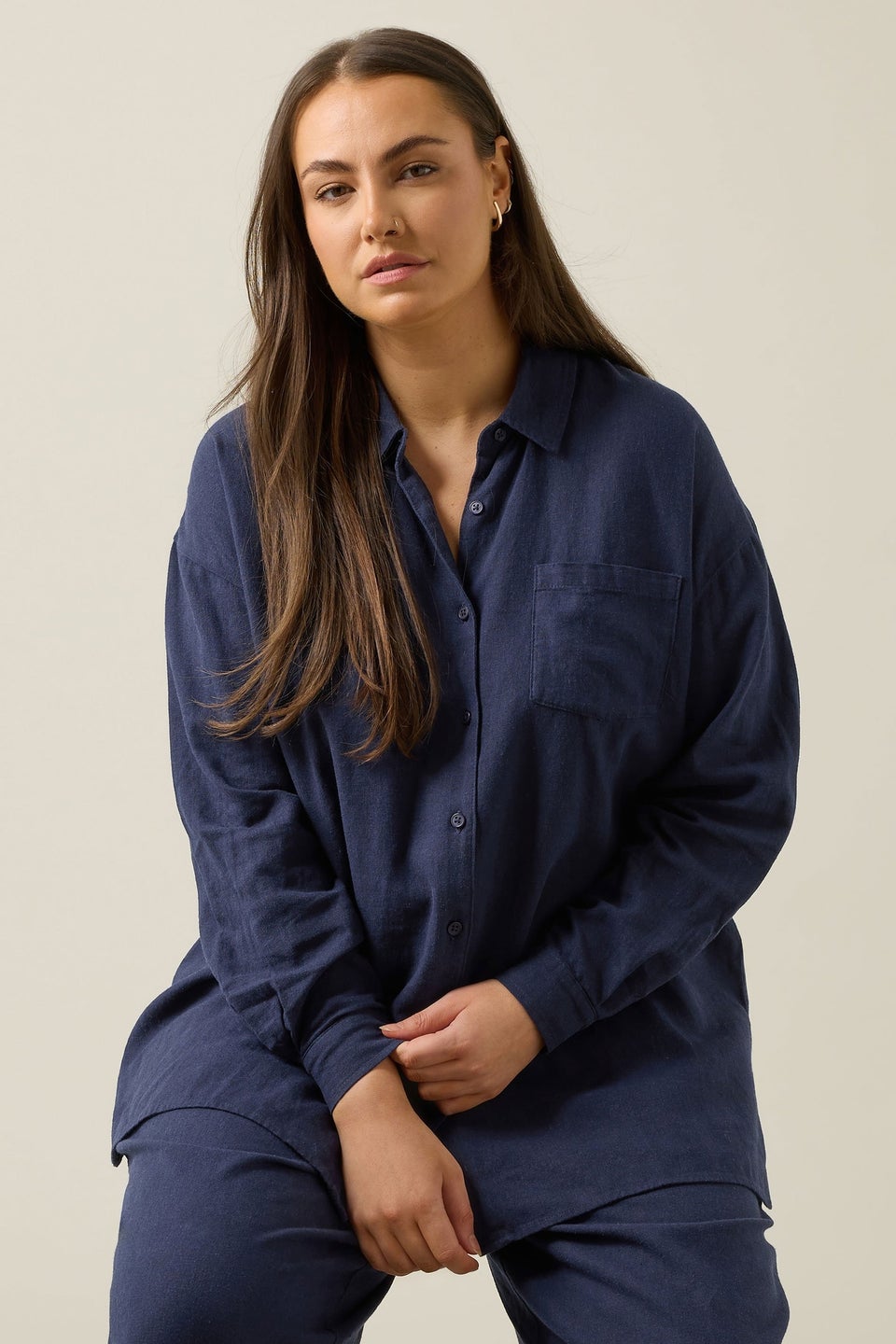 Evans Curve Navy Blue Long Sleeve Premium Linen Shirt