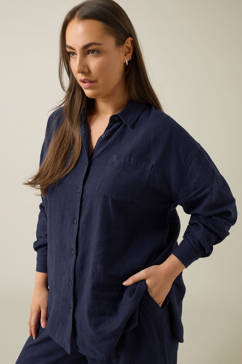Evans Curve Navy Blue Long Sleeve Premium Linen Shirt