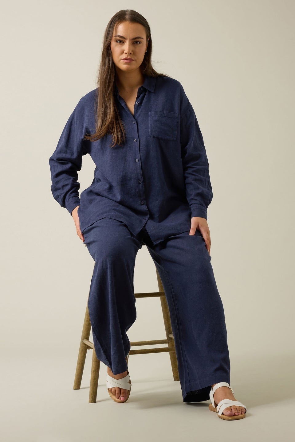 Evans Curve Navy Blue Long Sleeve Premium Linen Shirt