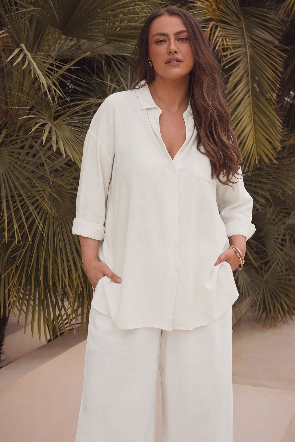 Evans Curve White Long Sleeve Premium Linen Shirt