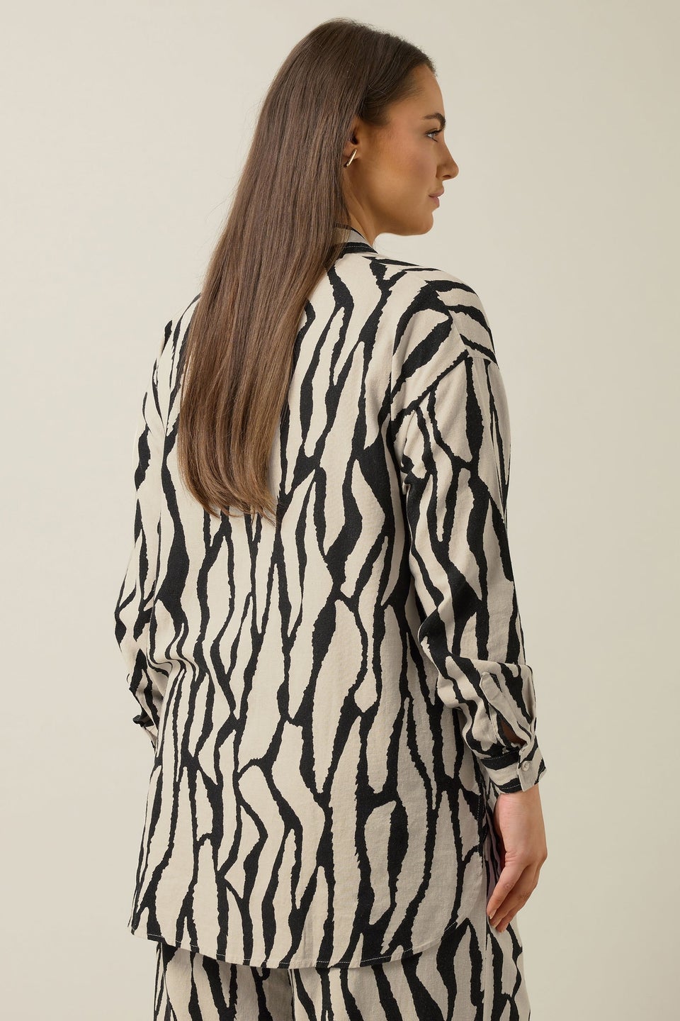 Evans Curve Natural Brown Abstract Print Premium Linen Shirt