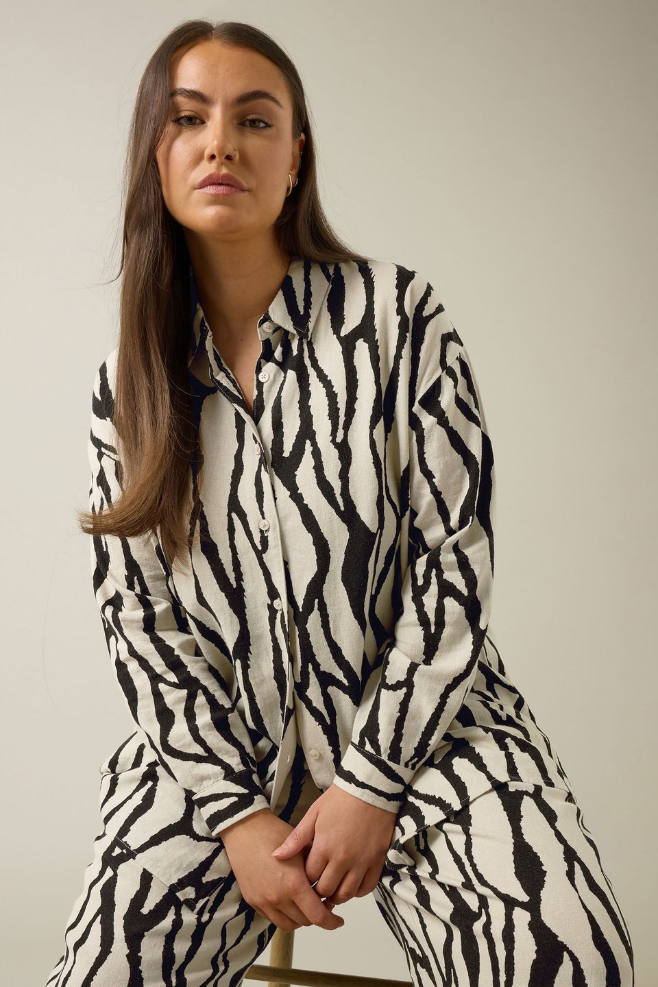 Evans Curve Natural Brown Abstract Print Premium Linen Shirt