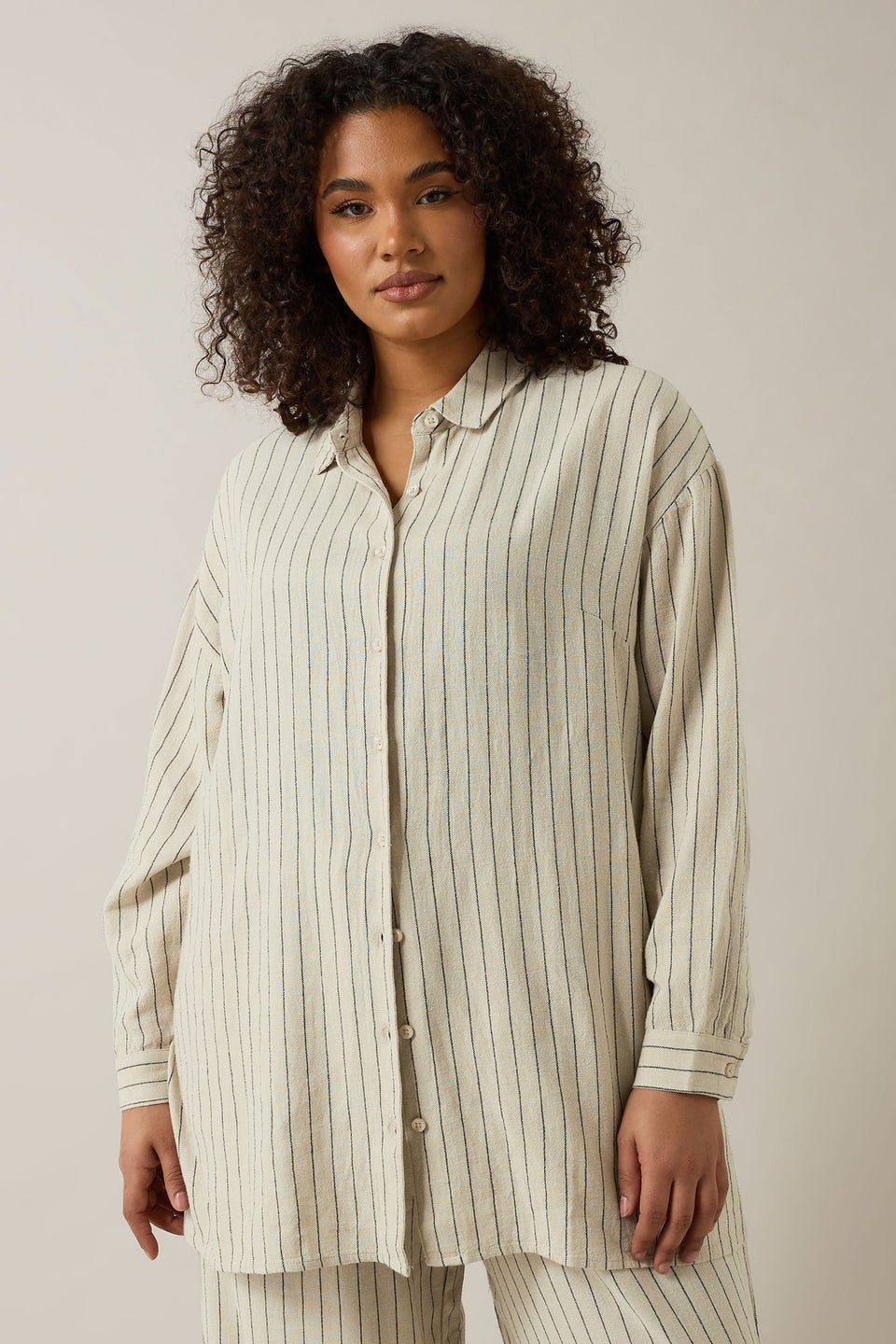 Evans Curve Natural Brown Stripe Print Premium Linen Shirt
