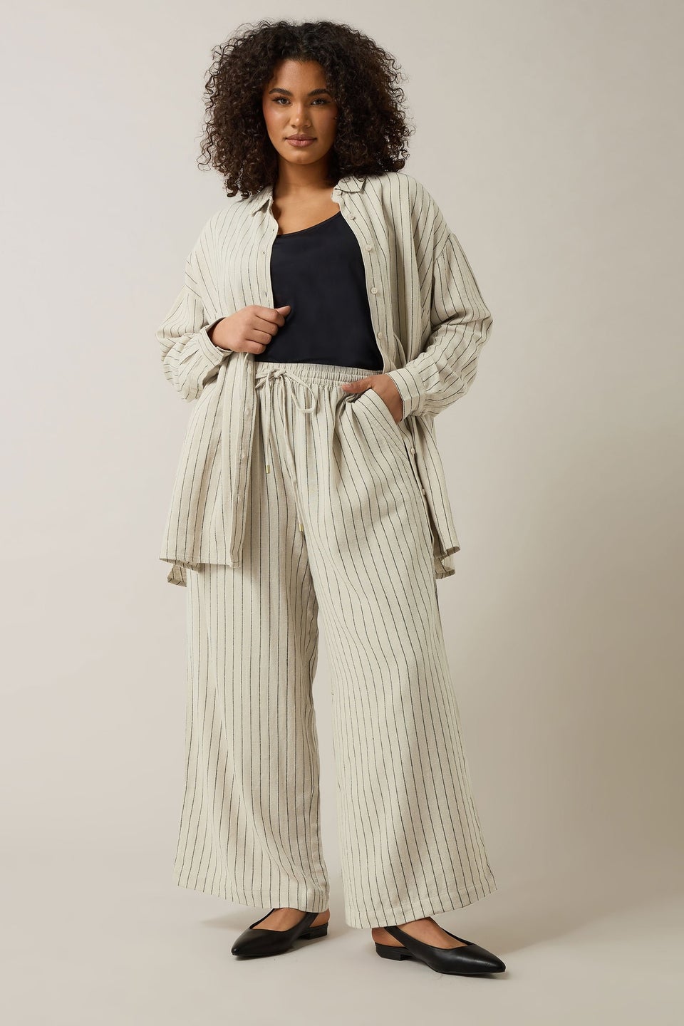 Evans Curve Natural Brown Stripe Print Premium Linen Shirt