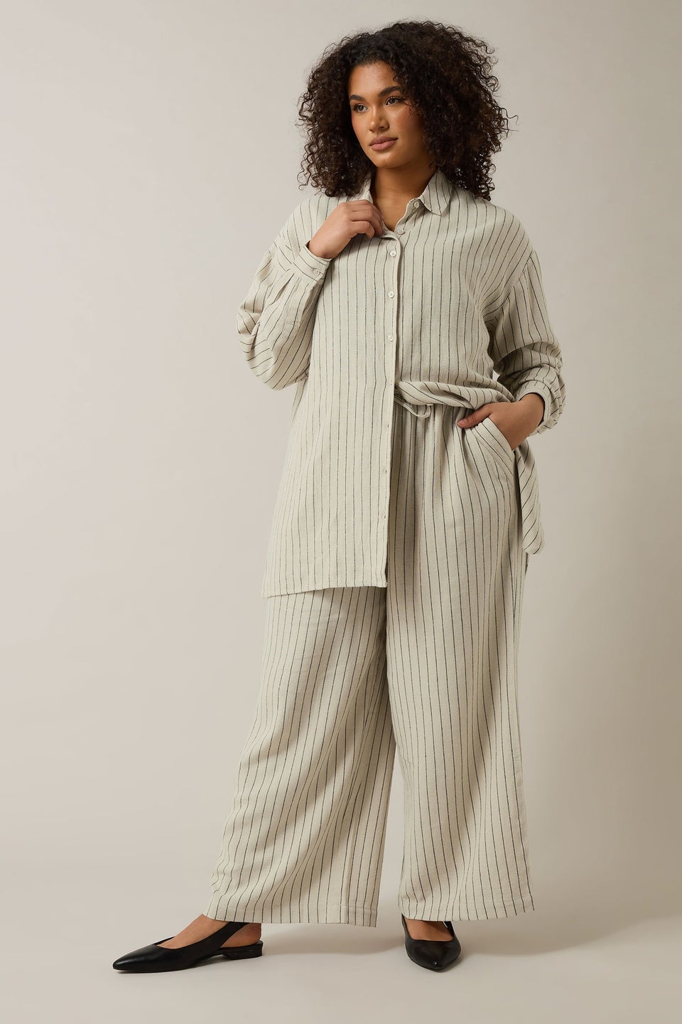 Evans Curve Natural Brown Stripe Print Premium Linen Shirt