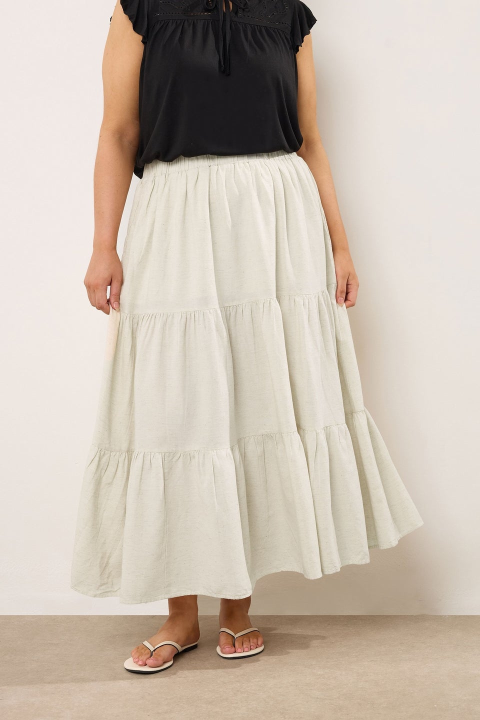Evans Curve Natural Brown Tiered Linen Maxi Skirt