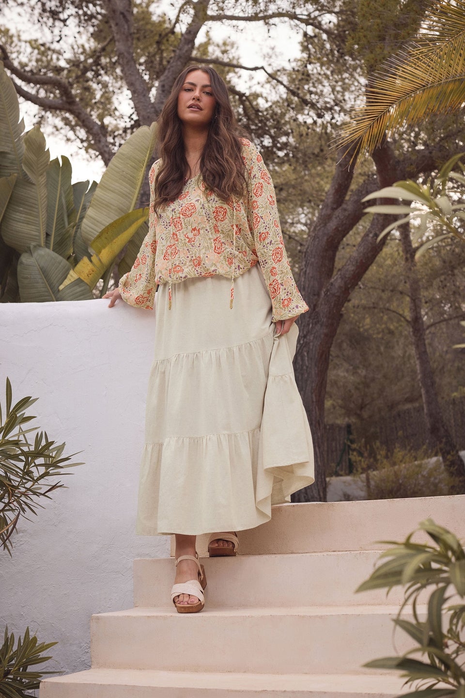 Evans Curve Natural Brown Tiered Linen Maxi Skirt