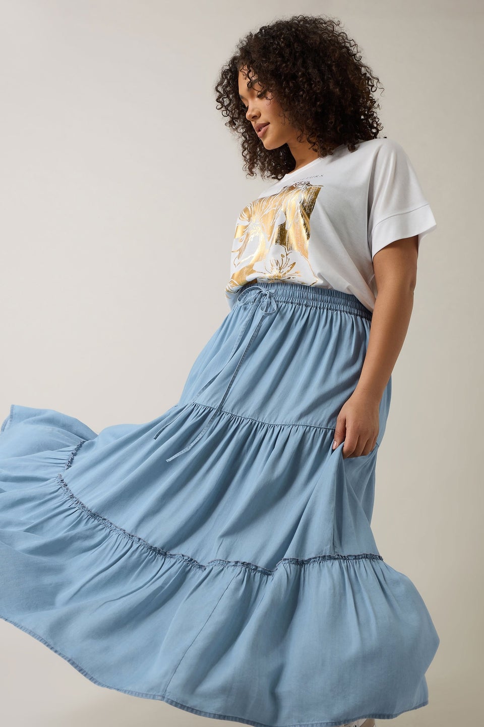 Evans Curve Light Blue Lyocell Denim Tiered Skirt