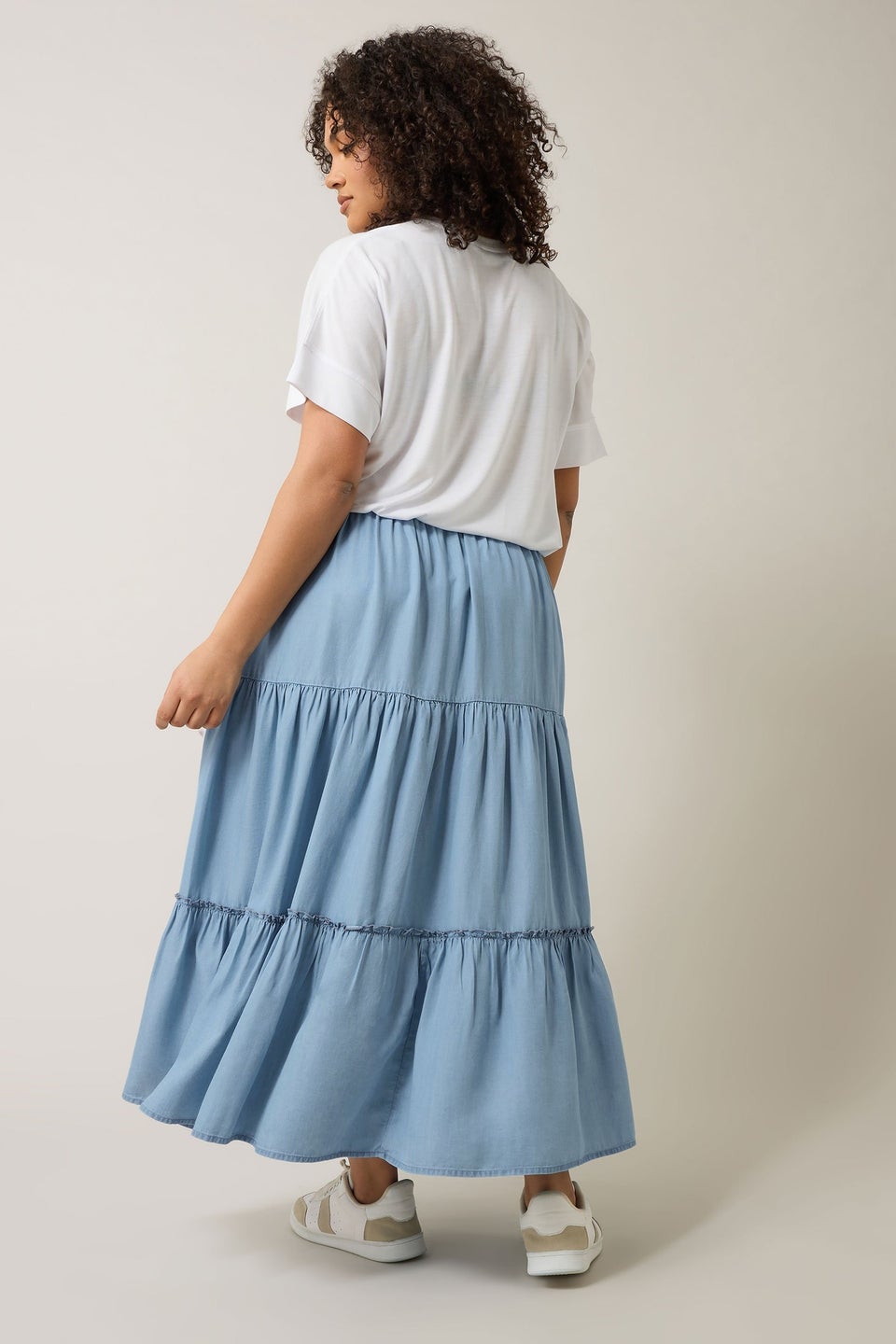 Evans Curve Light Blue Lyocell Denim Tiered Skirt