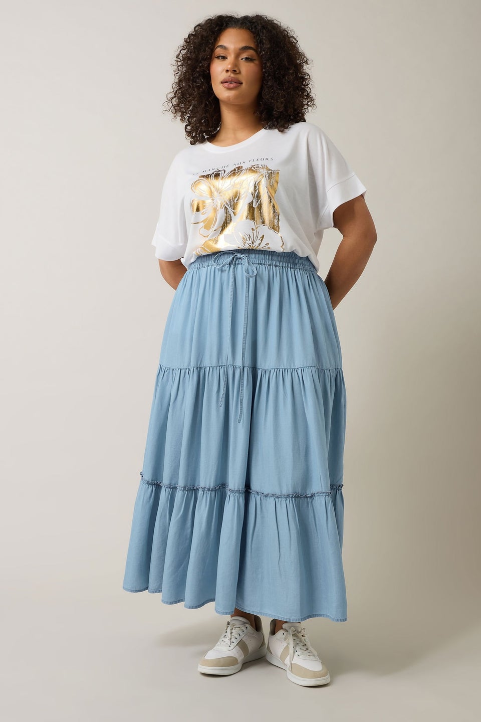 Evans Curve Light Blue Lyocell Denim Tiered Skirt